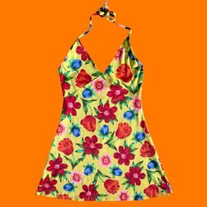 90's 00's vintage yellow floral y2k halter mini dress LARGE ujena **runs small**
